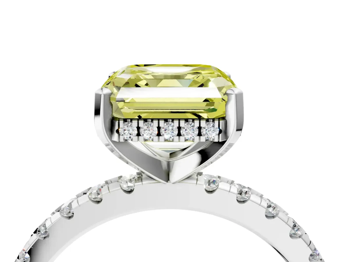 Fancy Yellow Asscher Cut Diamond Solitaire Ring with Round Pavé Band and Four-Prong Setting Silver