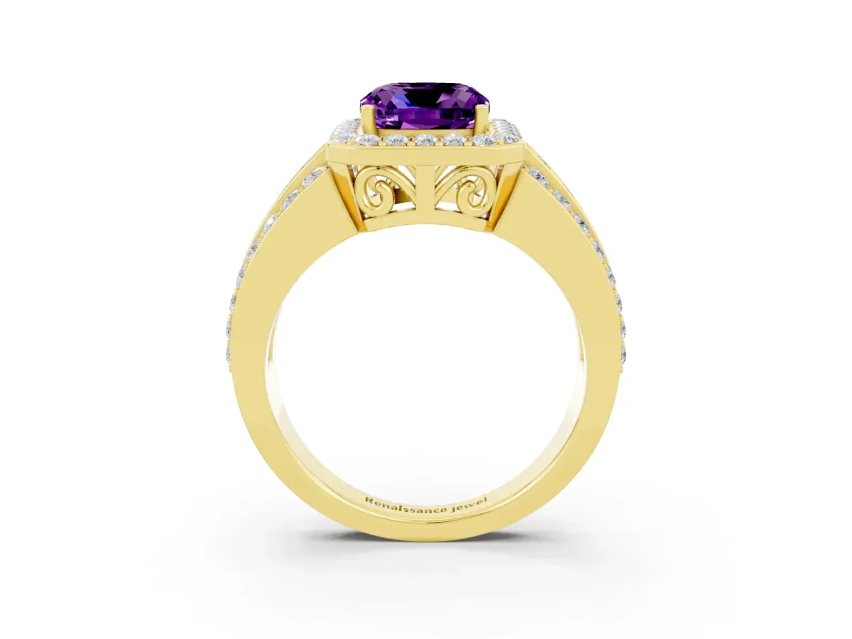 Cushion Cut Halo Amethyst Ring with Round Split Shank and Prong Setting Yellow gold