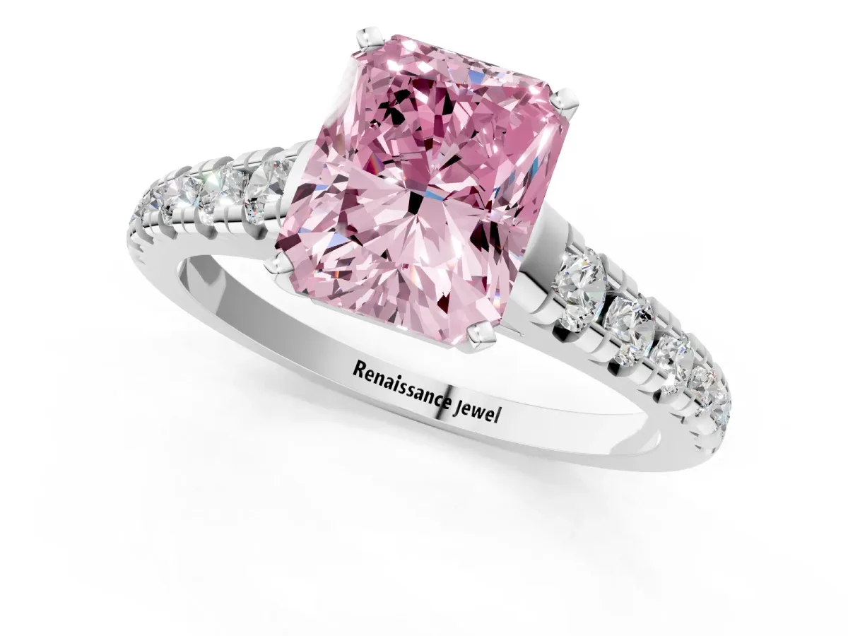 Fancy Pink Radiant Cut Diamond Cathedral Solitaire Ring with Round Pavé Band Silver