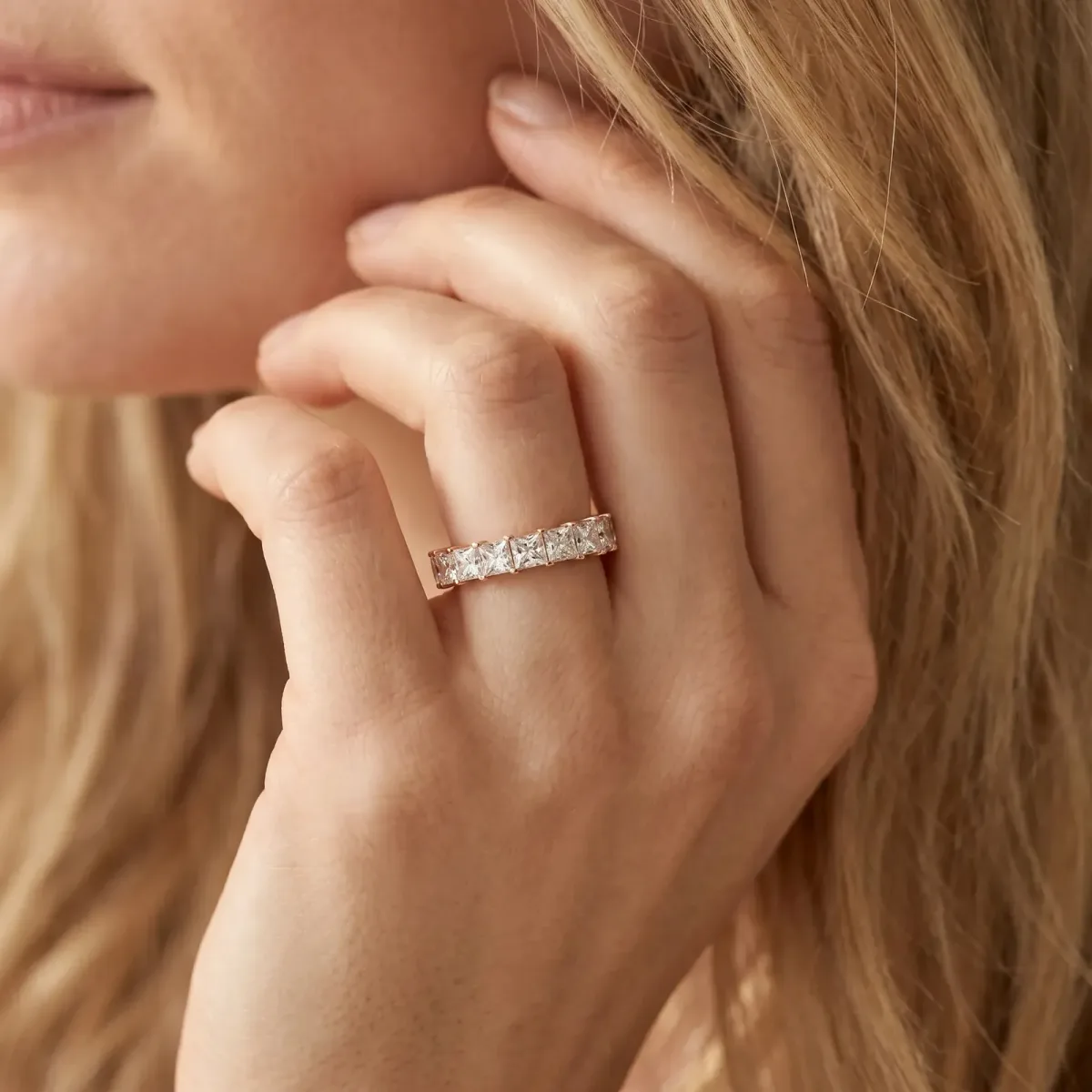 Princess Cut Diamond Eternity Band with Channel Setting and Shared Prong Rose gold