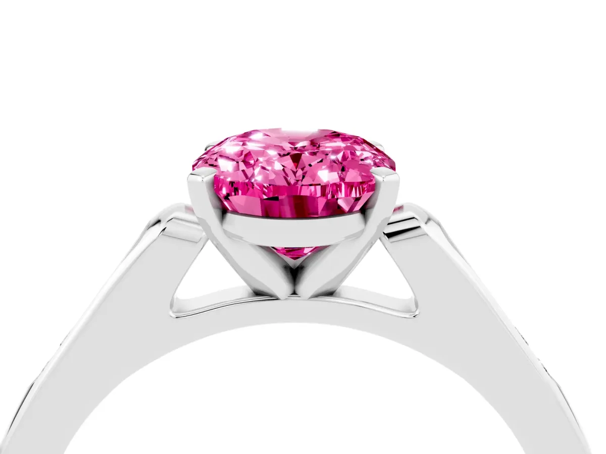 Oval Cut Pink Sapphire Solitaire Ring with Channel Set Round Band and Prong Setting Silver