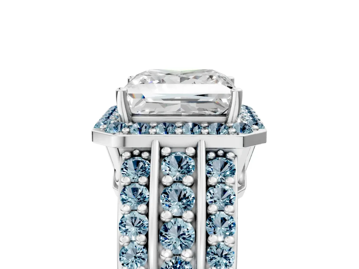 Princess Cut Halo Diamond Ring with Round Aquamarine Split Shank and Prong Setting Silver