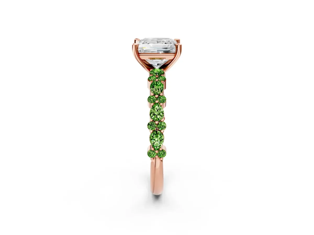 Princess Cut Diamond Side Stone Solitaire Ring with Round Peridot and Four-Prong Setting Rose gold