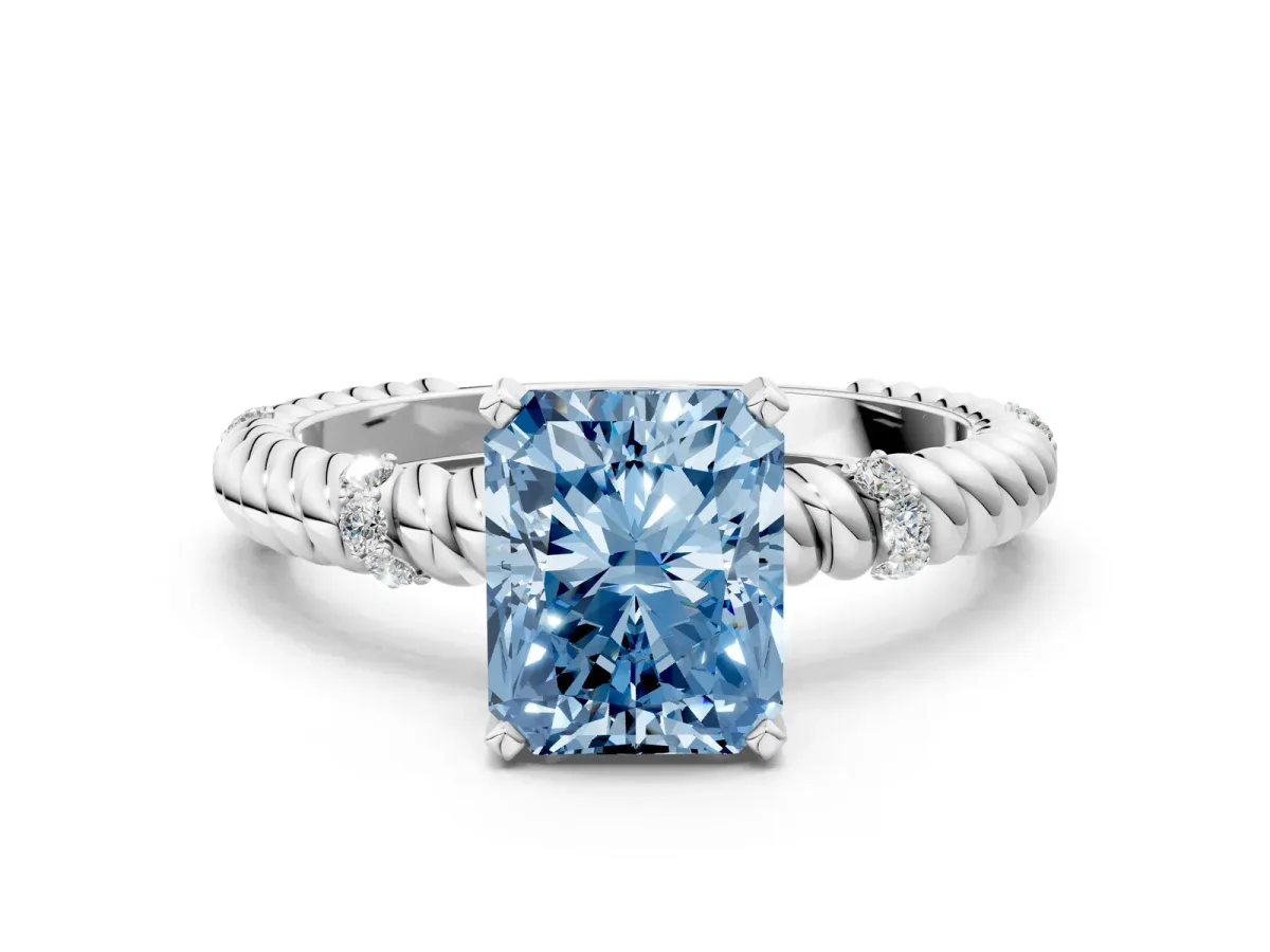 Fancy Blue Radiant Cut Solitaire Twisted Band Prong Set Engagement Ring Silver