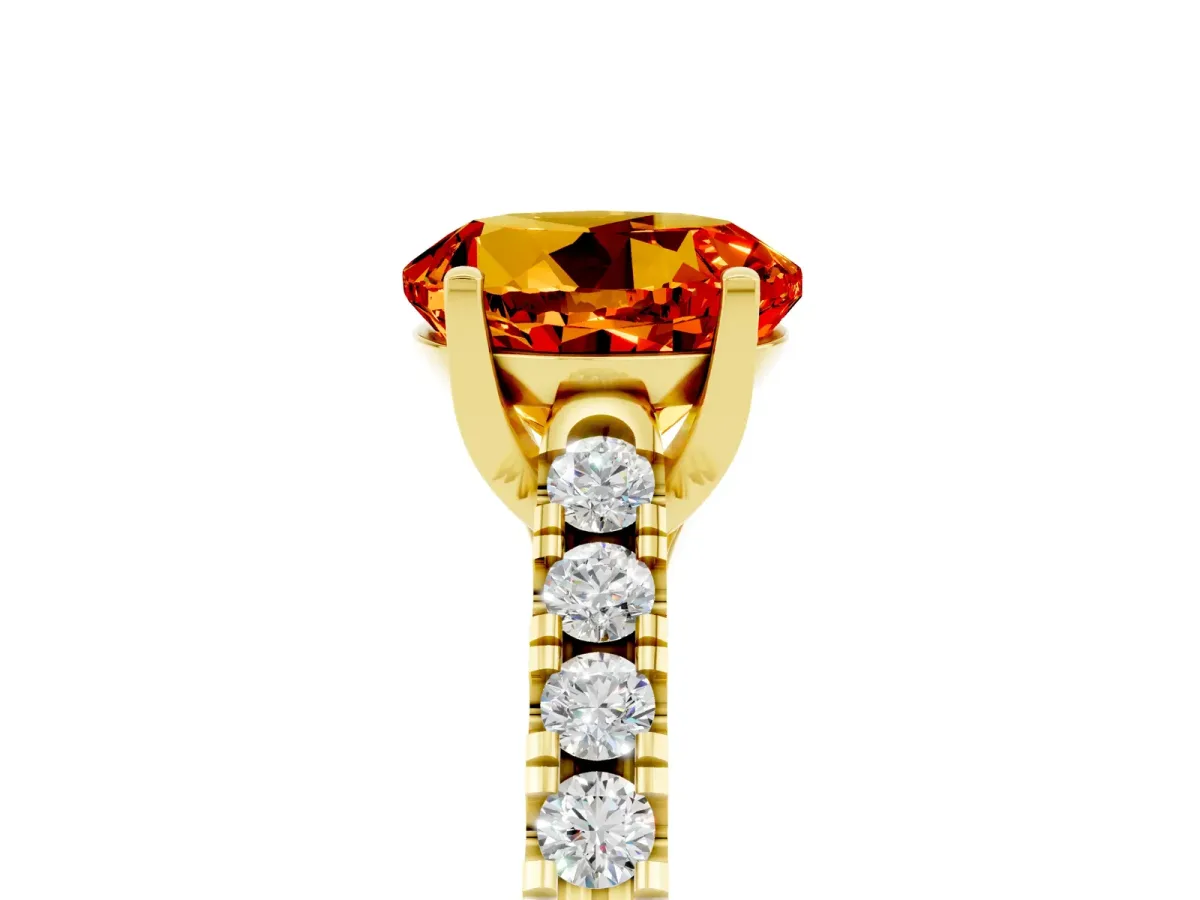 Round Cut Citrine Pavé Band Solitaire Ring with Prong Setting Yellow gold