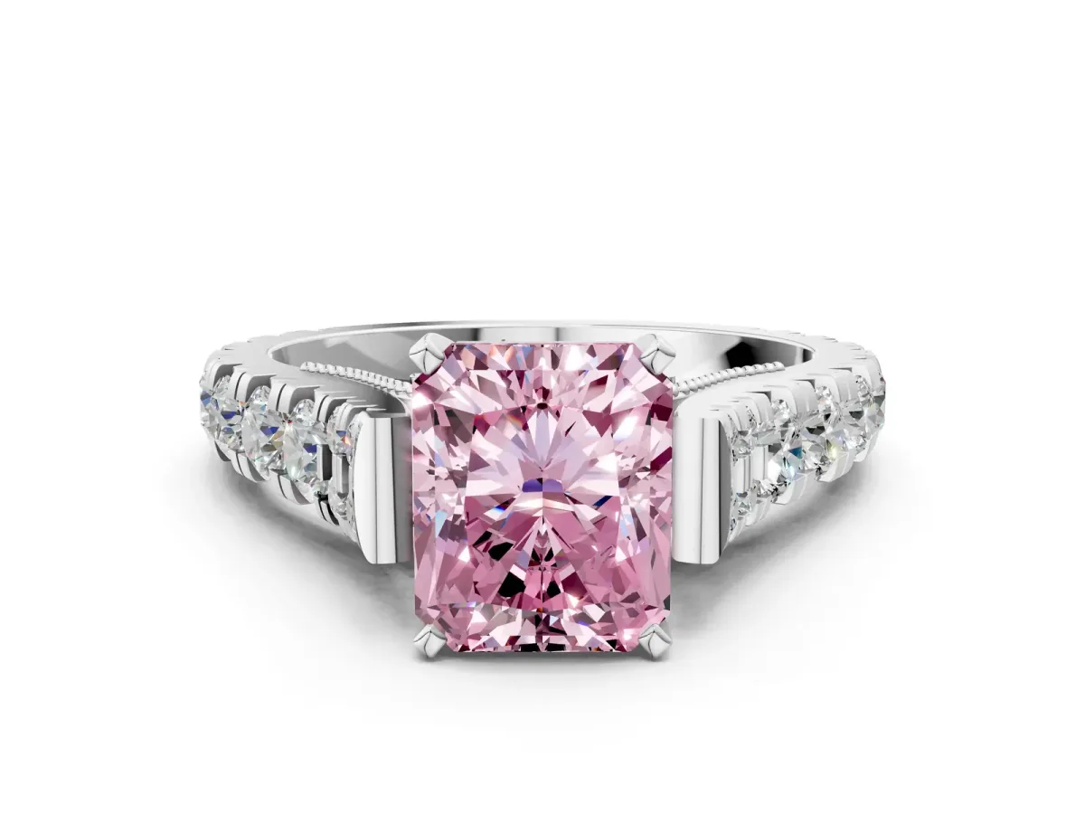 Fancy Pink Radiant Cut Diamond Classic Solitaire Ring with Pavé Band and Four-Prong Setting Silver