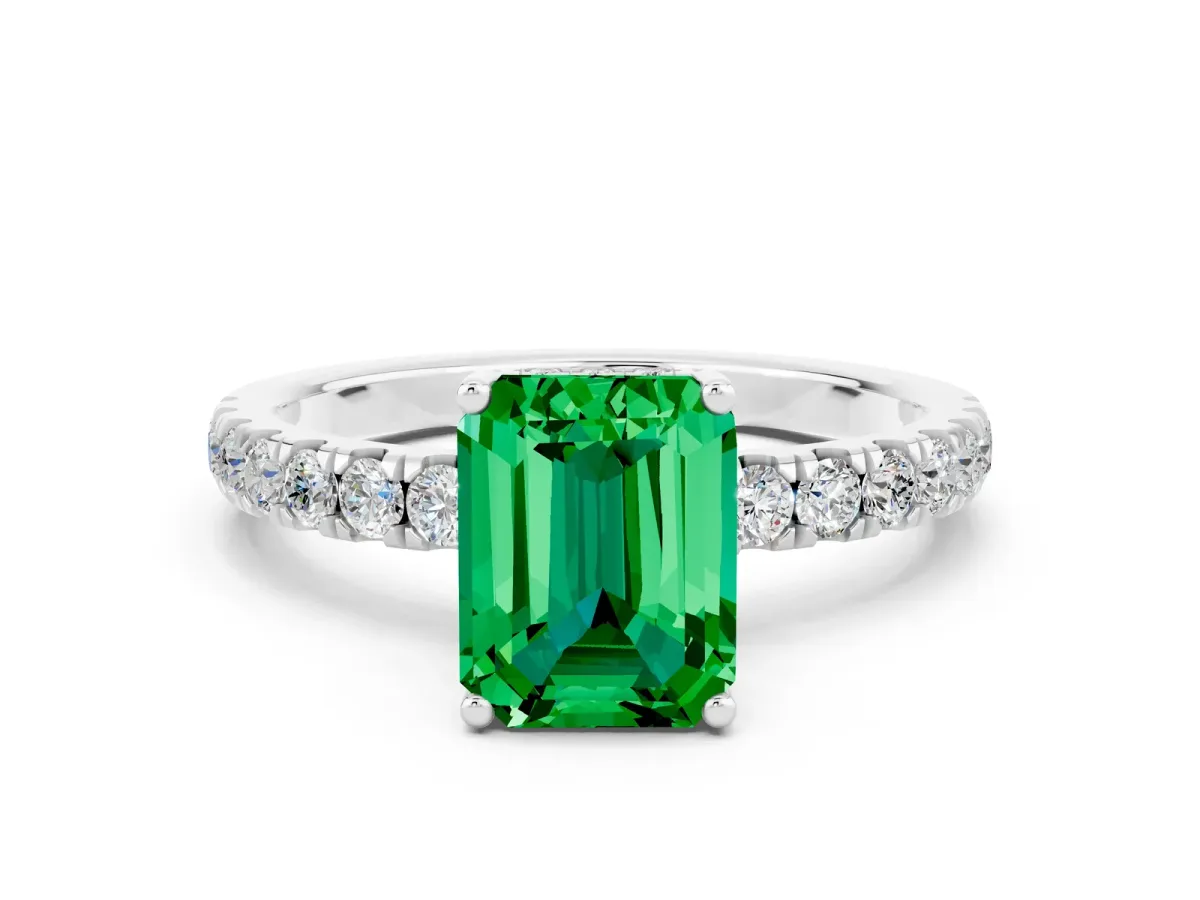 Emerald Cut Emerald Pave Band Solitaire Ring with Round and Prong Setting Platinum