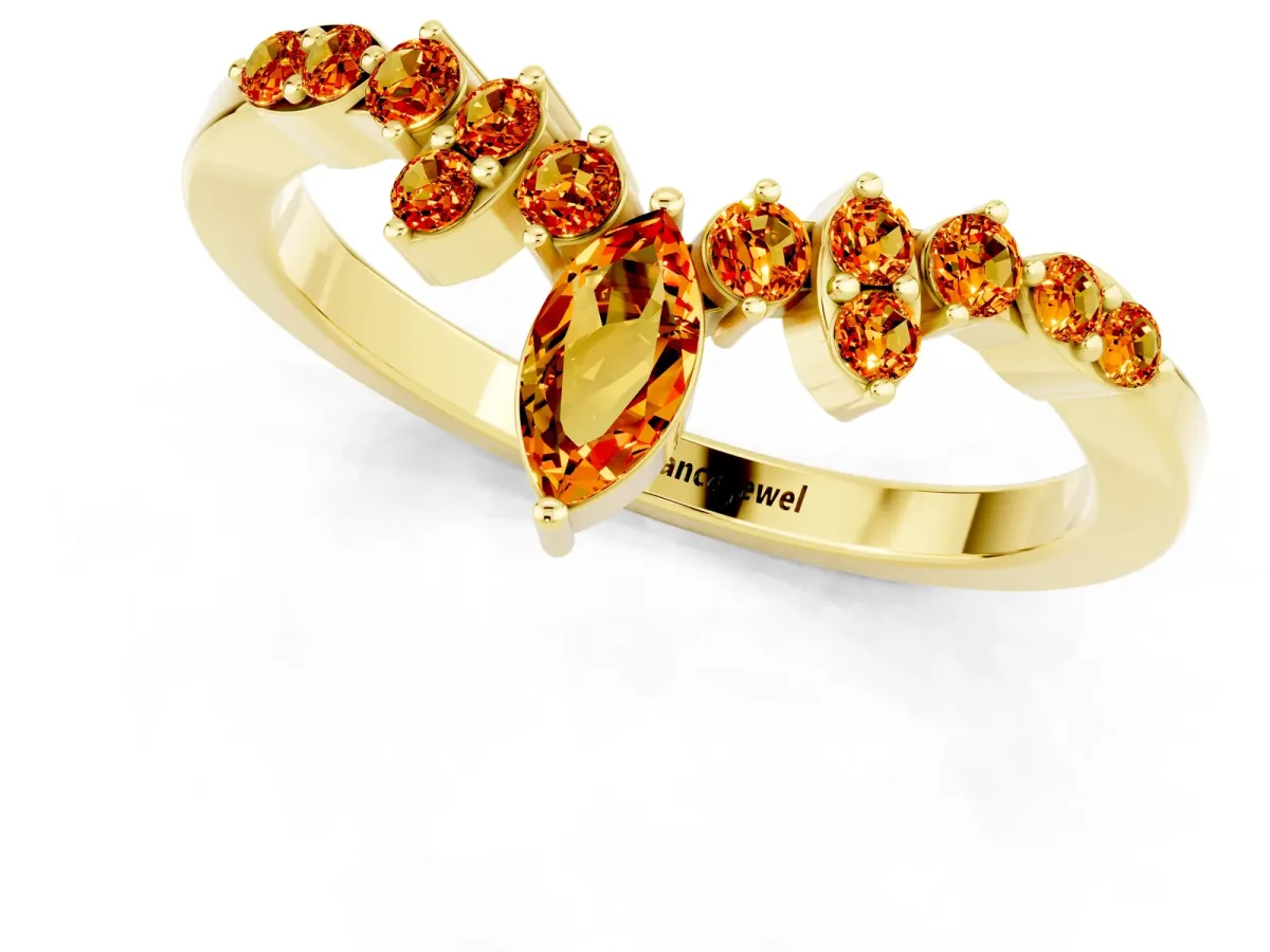 Marquise and Round Citrine Chevron Band with Prong Setting Yellow gold