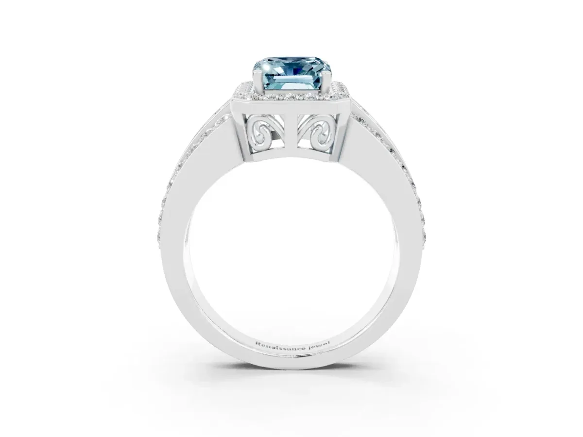Emerald Cut Halo Aquamarine Ring with Round Split Shank and Prong Setting Silver