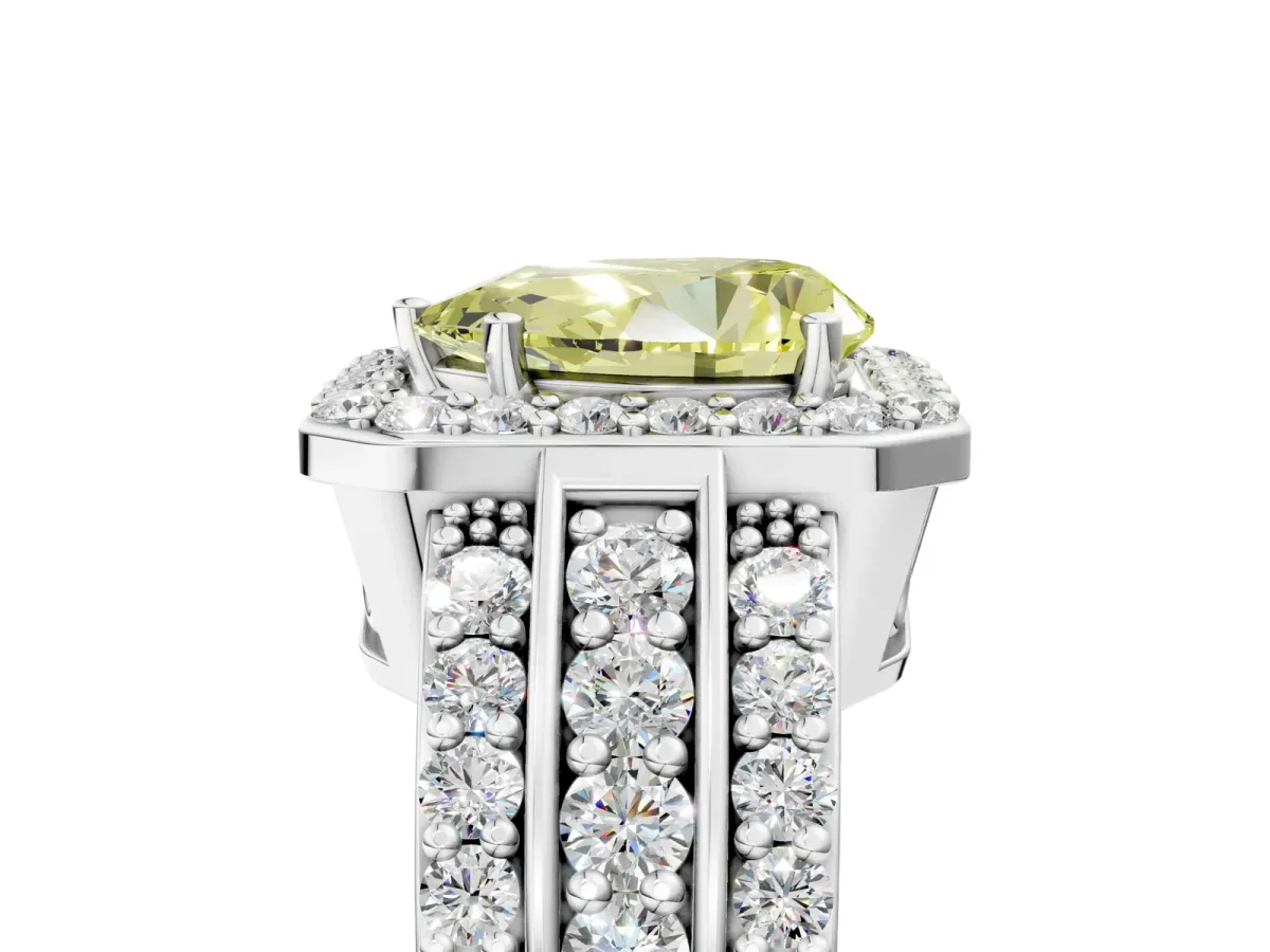 Fancy Yellow Pear Cut Halo Diamond Ring with Round Split Shank and Prong Setting Platinum