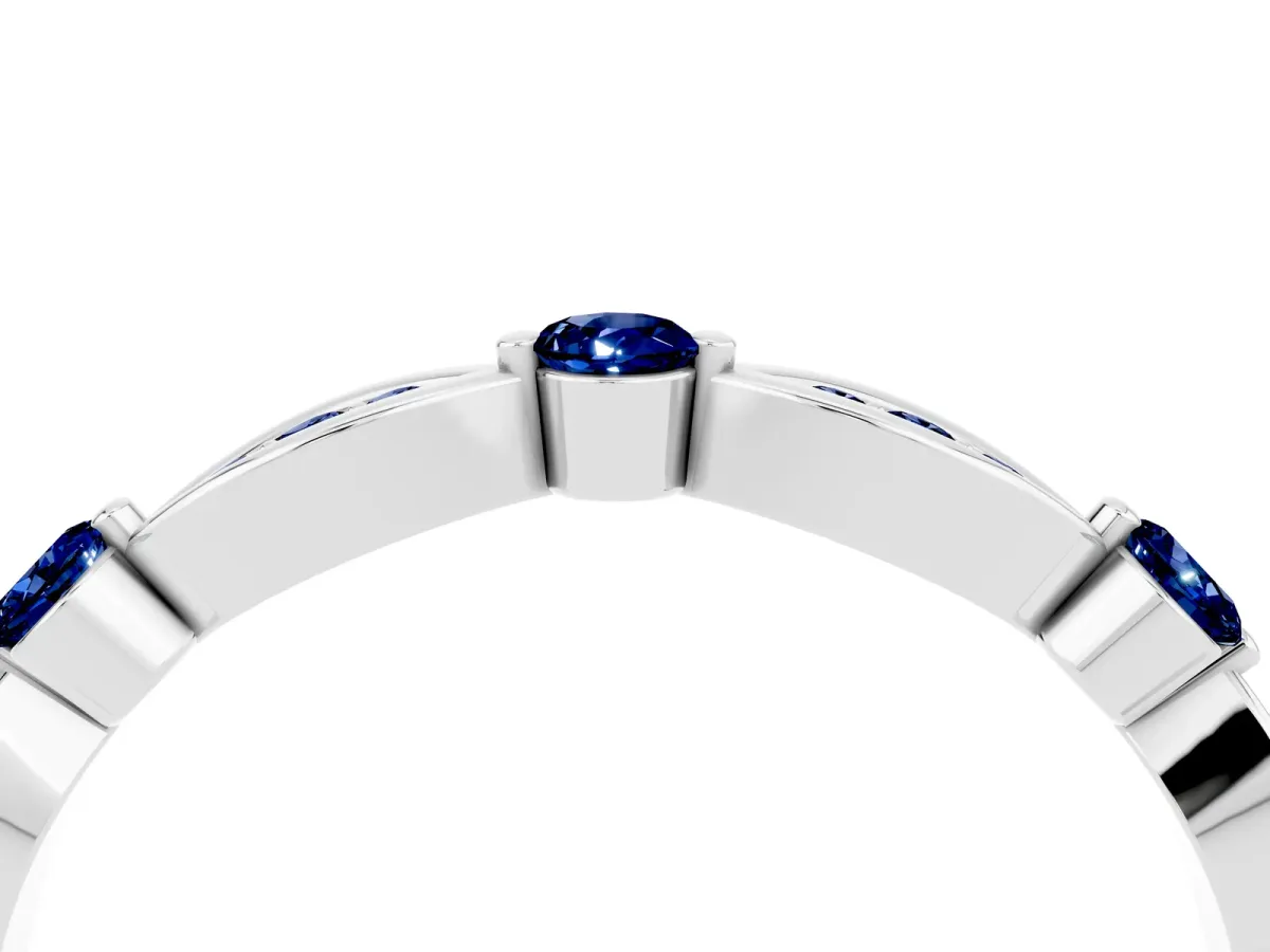 Marquise and Round Blue Sapphire Milgrain Band with Bezel Setting Silver