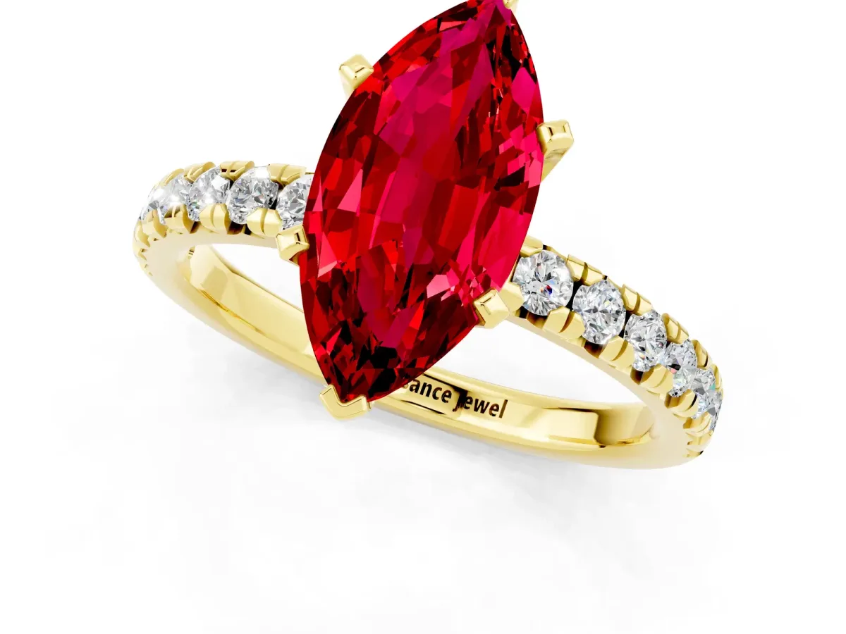 Marquise Cut Ruby Solitaire Pavé Engagement Ring with Round Band and Prong Setting Yellow gold