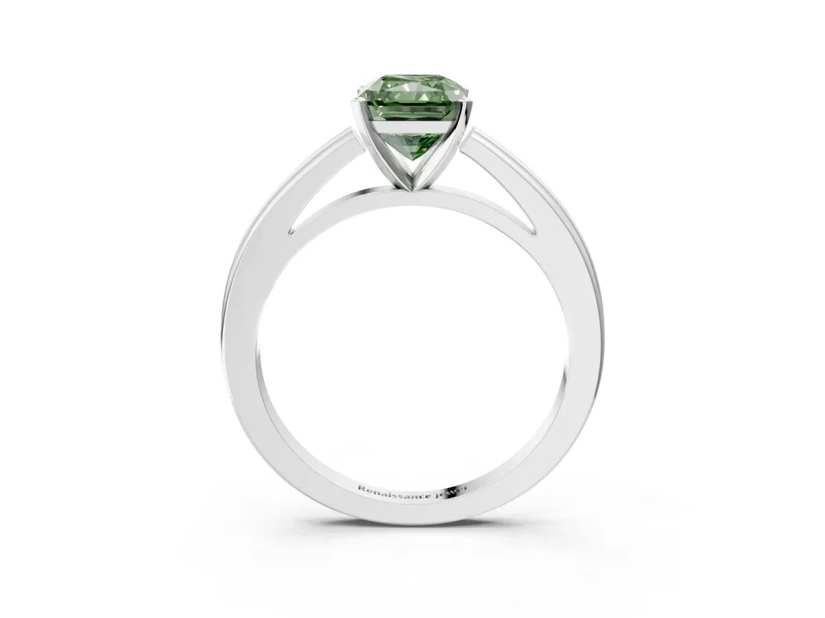 Fancy Green Radiant Cut Solitaire Diamond Ring with Four-Prong Setting and Classic Band Platinum