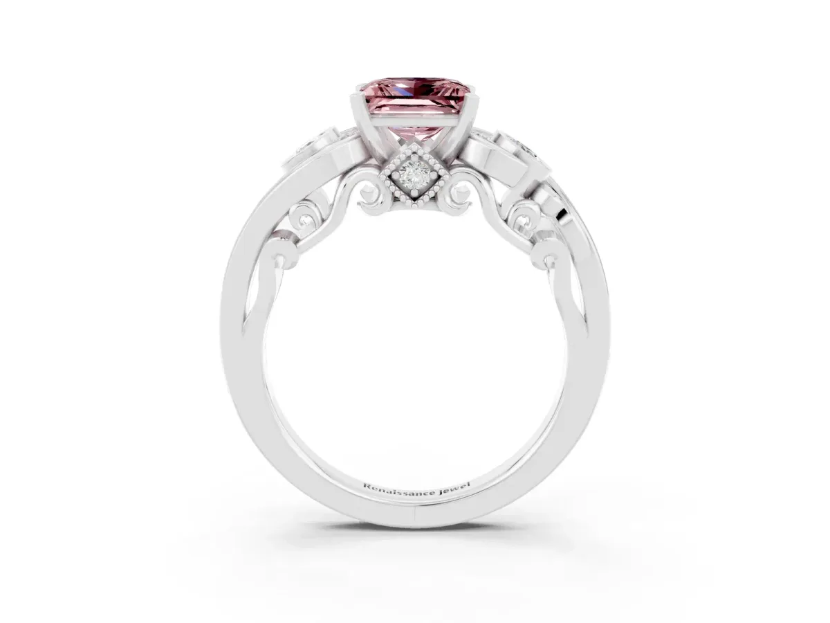 Princess Cut Morganite Solitaire Ring with Milgrain Pavé Band and Four-Prong Setting Silver