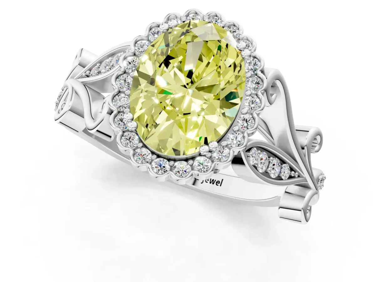Fancy Yellow Oval Cut Diamond Halo Ring with Vintage Split Shank and Four-Prong Setting Silver
