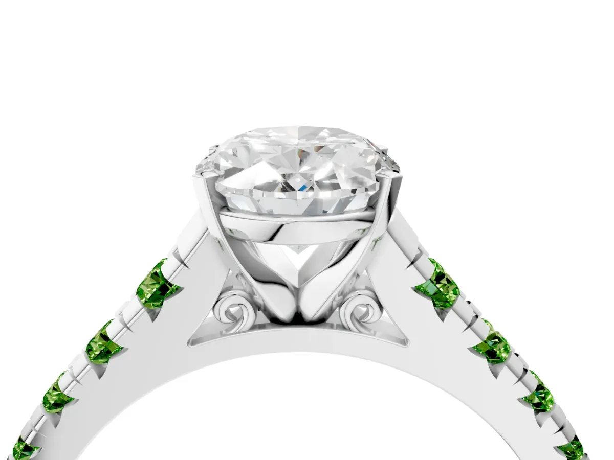 Oval Cut Diamond Cathedral Solitaire Ring with Round Peridot Pavé Band Silver