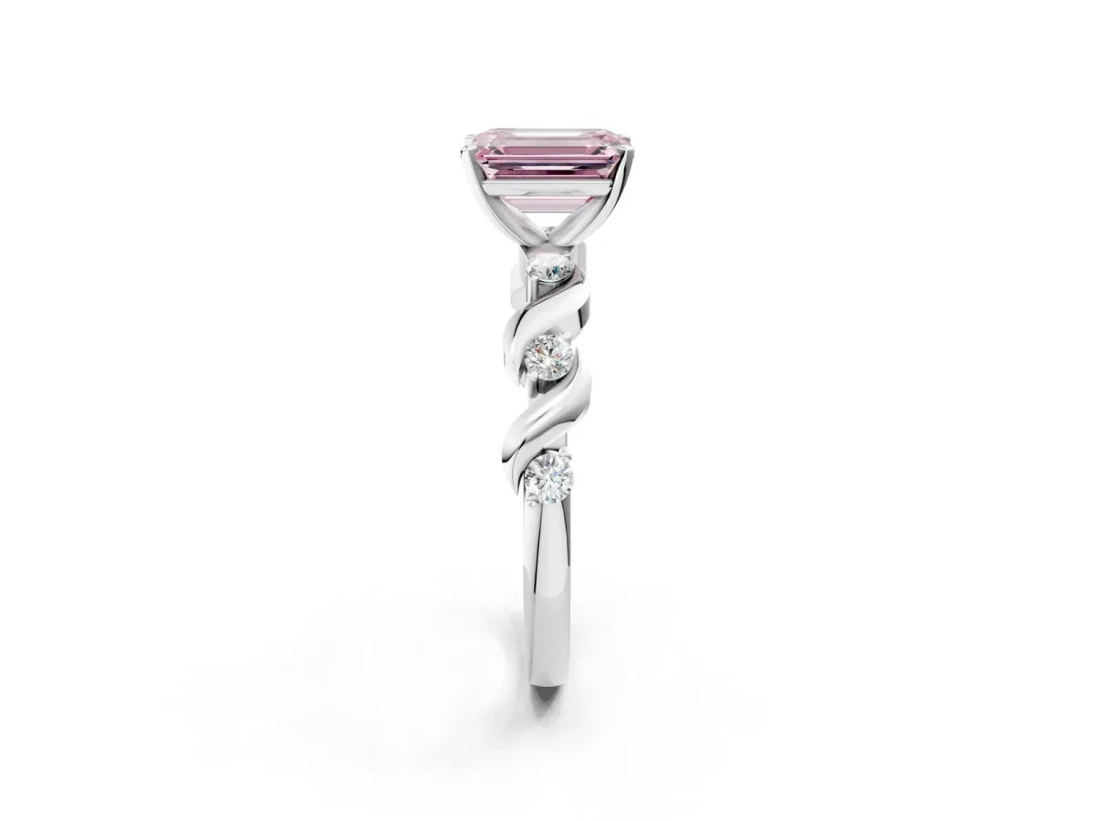 Fancy Pink Emerald Cut Diamond Solitaire Twisted Band with Round Accents and Prong Setting Silver