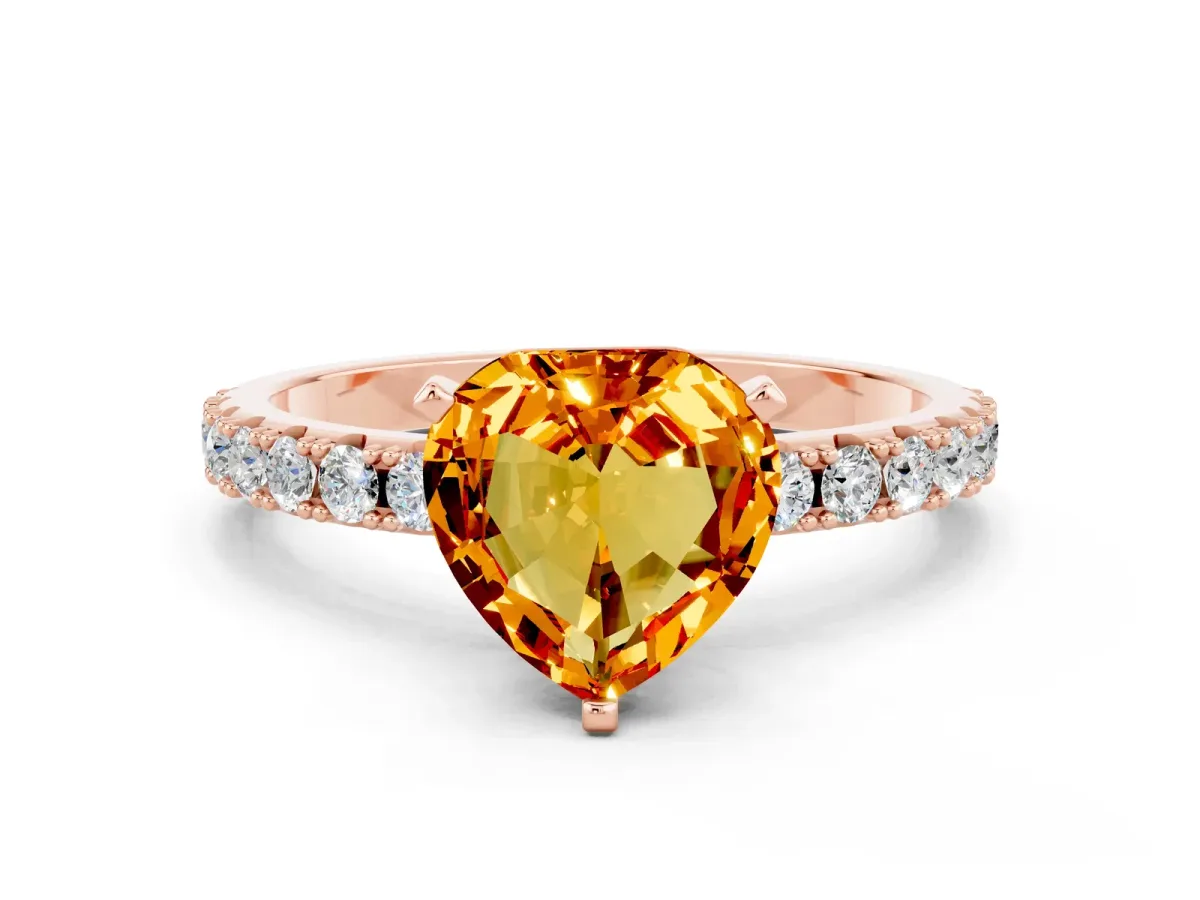 Heart Cut Citrine Solitaire Pavé Band with Four-Prong Setting Rose gold