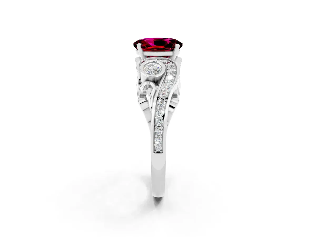 Oval Cut Garnet Solitaire Ring with Milgrain Pavé Band and Four-Prong Setting Silver