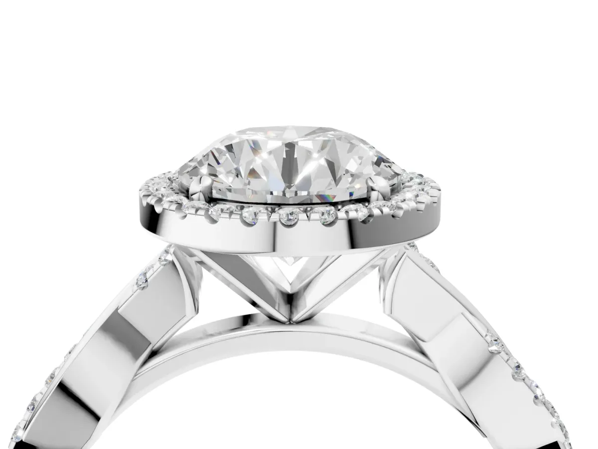 Round Cut Cut Halo Twisted Band Four-Prong Ring Platinum