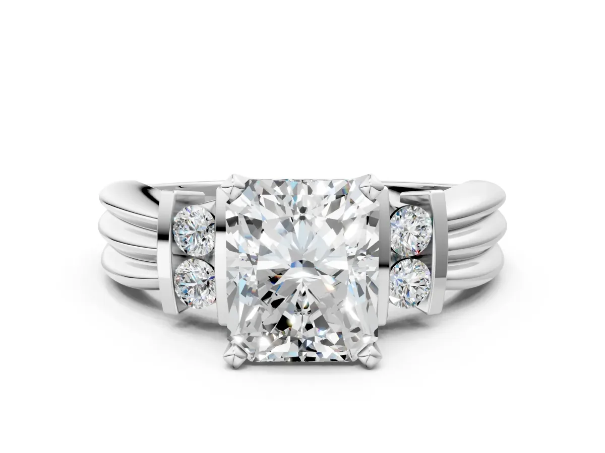 Radiant Cut Cut Three-Stone Channel Set Ring with Bar Prongs Platinum