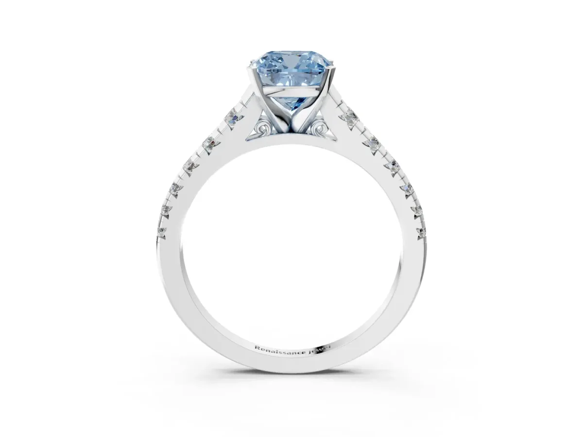 Fancy Blue Cushion Cut Diamond Cathedral Solitaire Ring with Round Pavé Band Silver