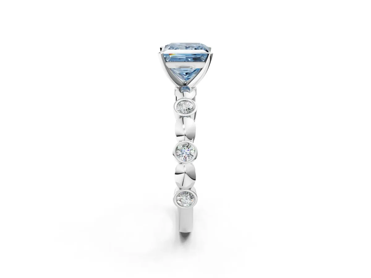 Fancy Blue Princess Cut Solitaire Bezel-Set Diamond Ring with Beaded Band and Four-Prong Setting Silver