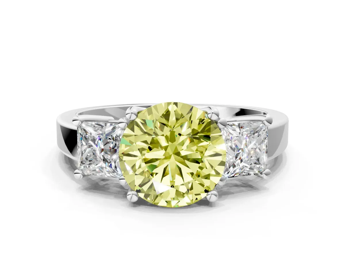 Fancy Yellow Three-Stone Round Cut Cut Solitaire Ring with Prong Setting White gold