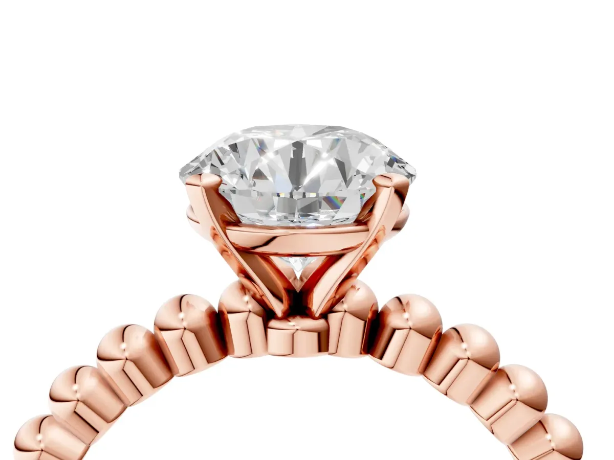 Round Cut Diamond Solitaire Ring with Beaded Band and Prong Setting Rose gold