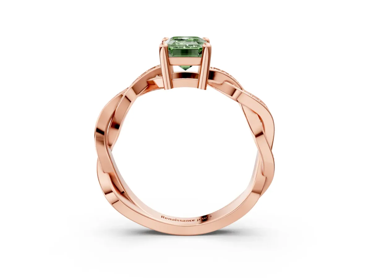 Fancy Green Emerald Cut Cut Twisted Pavé Band Solitaire Ring with Four-Prong Setting Rose gold