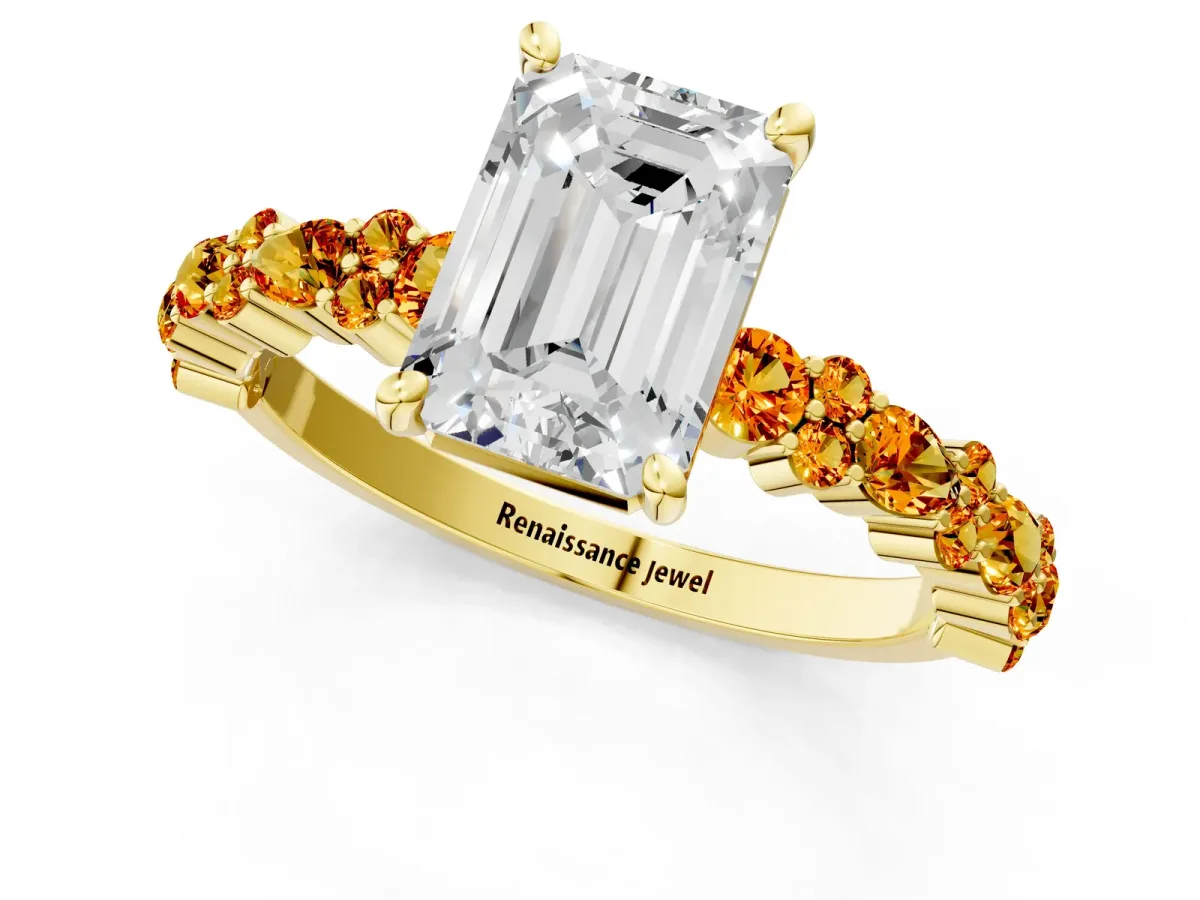 Emerald Cut Diamond Side Stone Solitaire Ring with Round Citrine and Four-Prong Setting Yellow gold