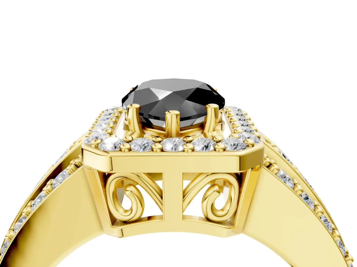 Fancy Black Pear Cut Halo Diamond Ring with Round Split Shank and Prong Setting Yellow gold