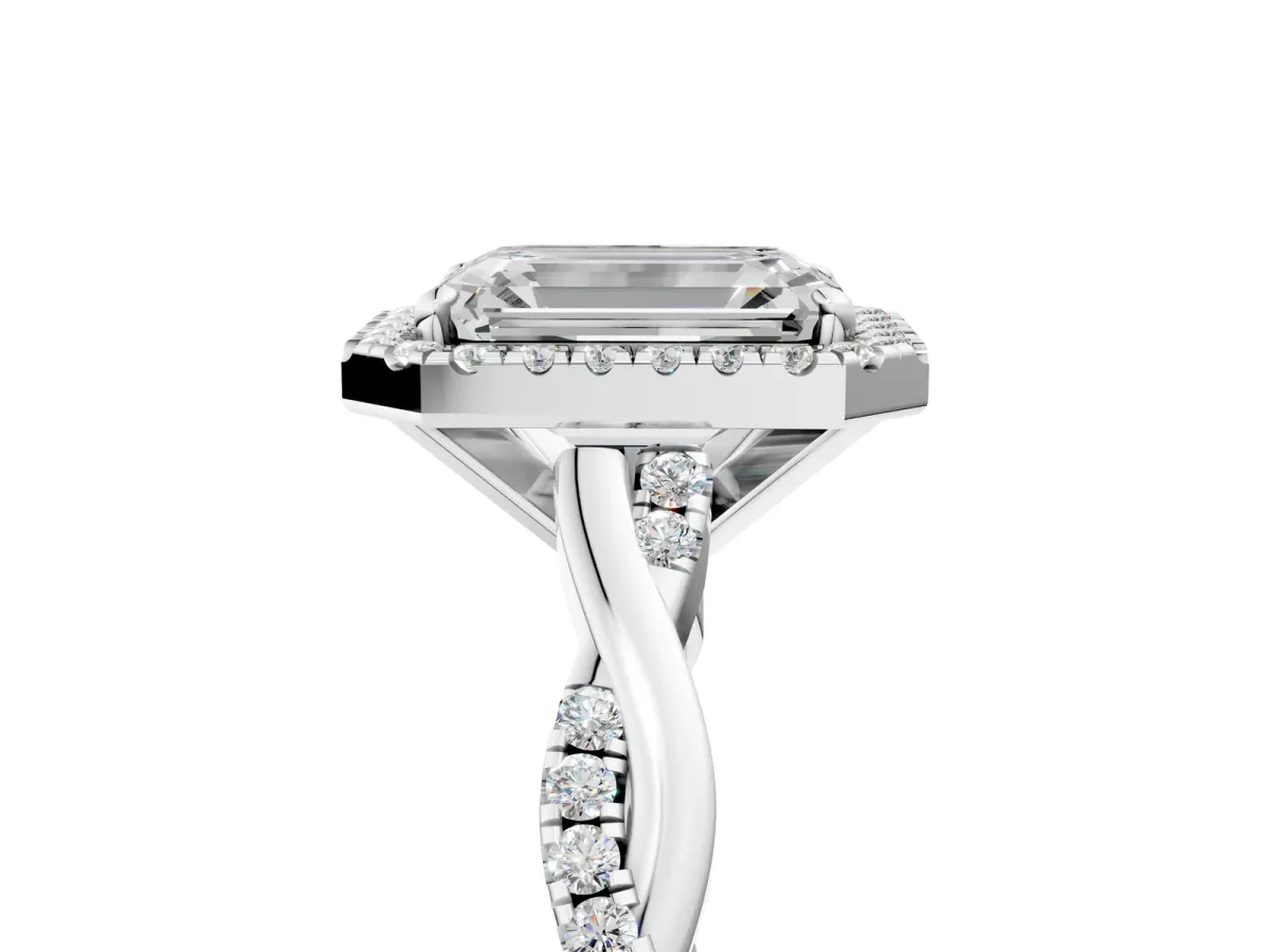 Emerald Cut Cut Halo Twisted Band Four-Prong Ring White gold