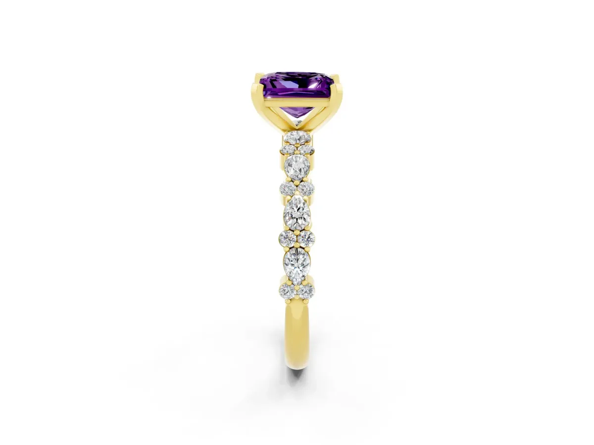 Princess Cut Amethyst Side Stone Solitaire Ring with Round and Four-Prong Setting Yellow gold