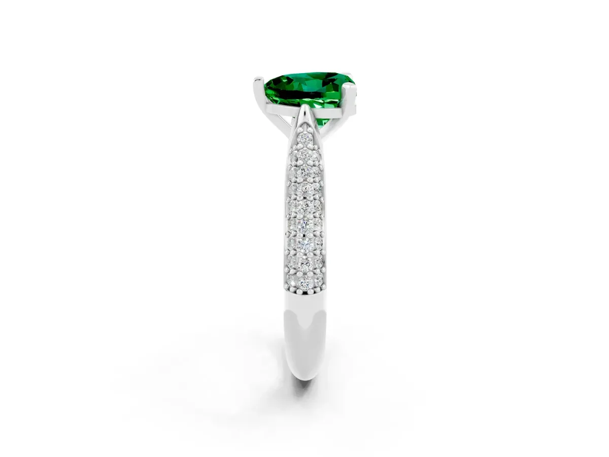 Heart Cut Emerald Solitaire Engagement Ring with Multi-Row Round Pavé Band and Prong Setting Platinum