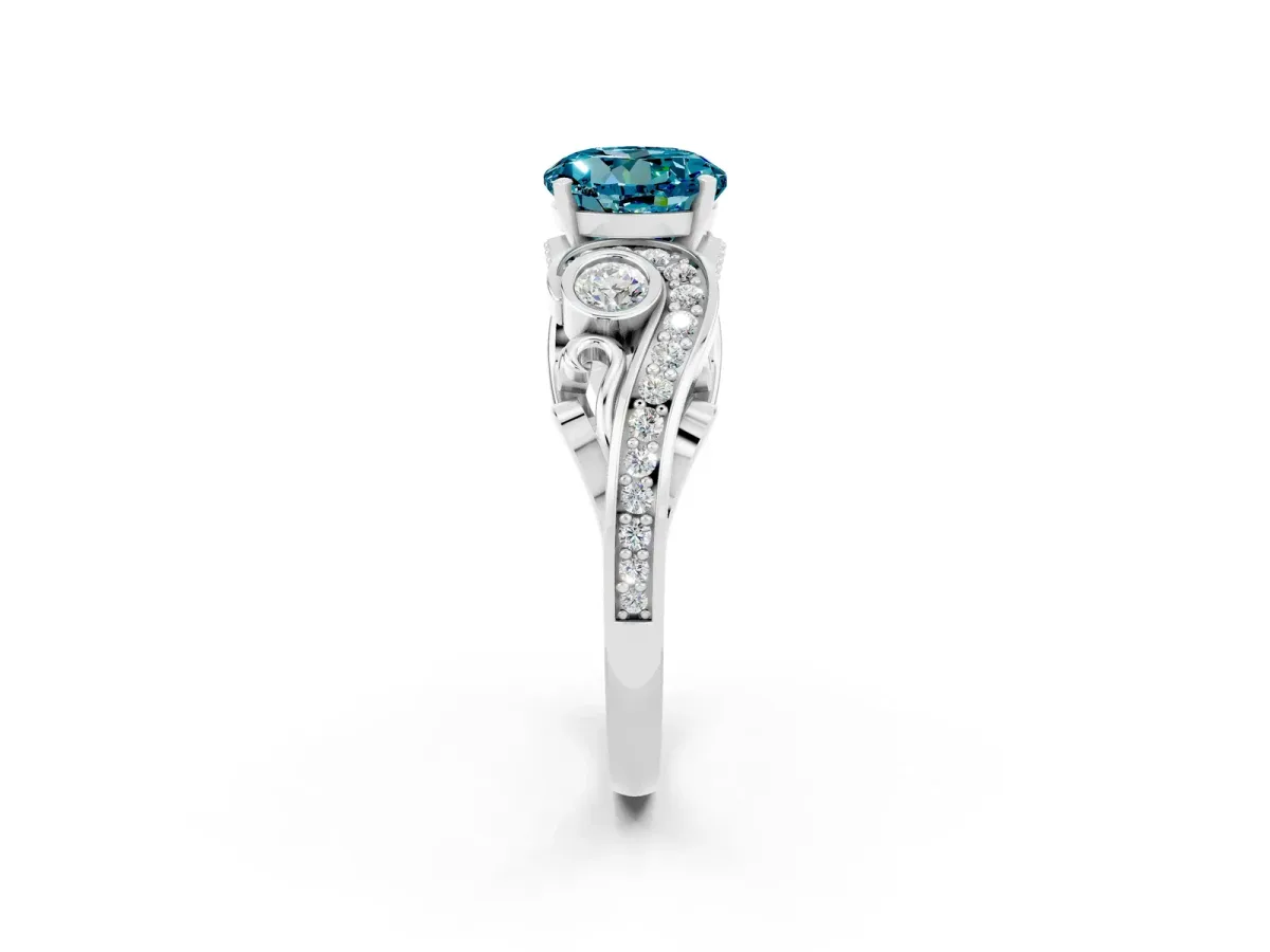 Round Cut Blue Topaz Solitaire Ring with Milgrain Pavé Band and Four-Prong Setting Silver