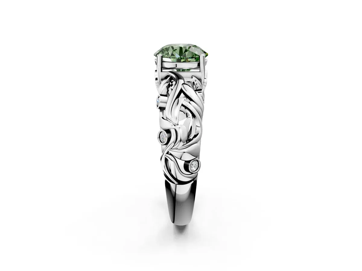 Fancy Green Round Cut Solitaire Diamond Leaf-Inspired Vine Band Ring with Prong Setting Silver