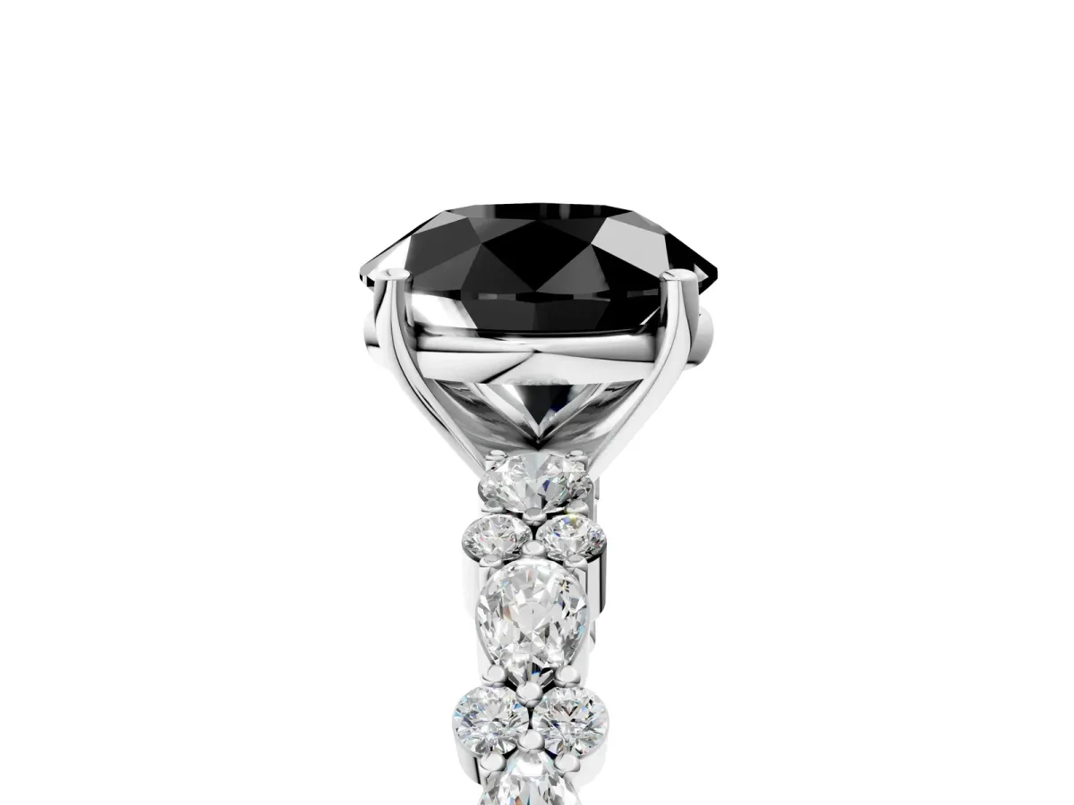 Fancy Black Round Cut Diamond Side Stone Solitaire Ring with Round and Four-Prong Setting Platinum