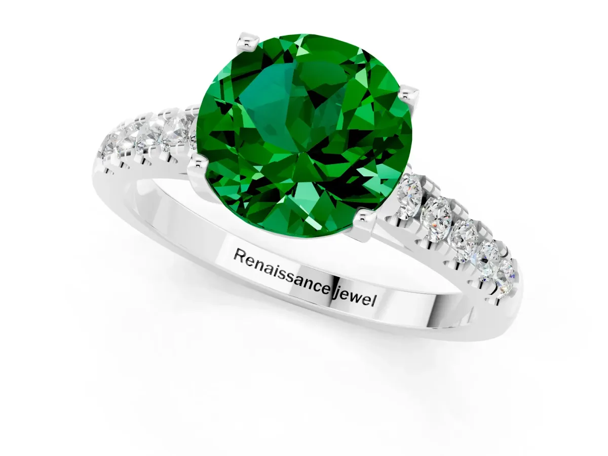 Round Cut Emerald Pavé Band Solitaire Ring with Prong Setting White gold