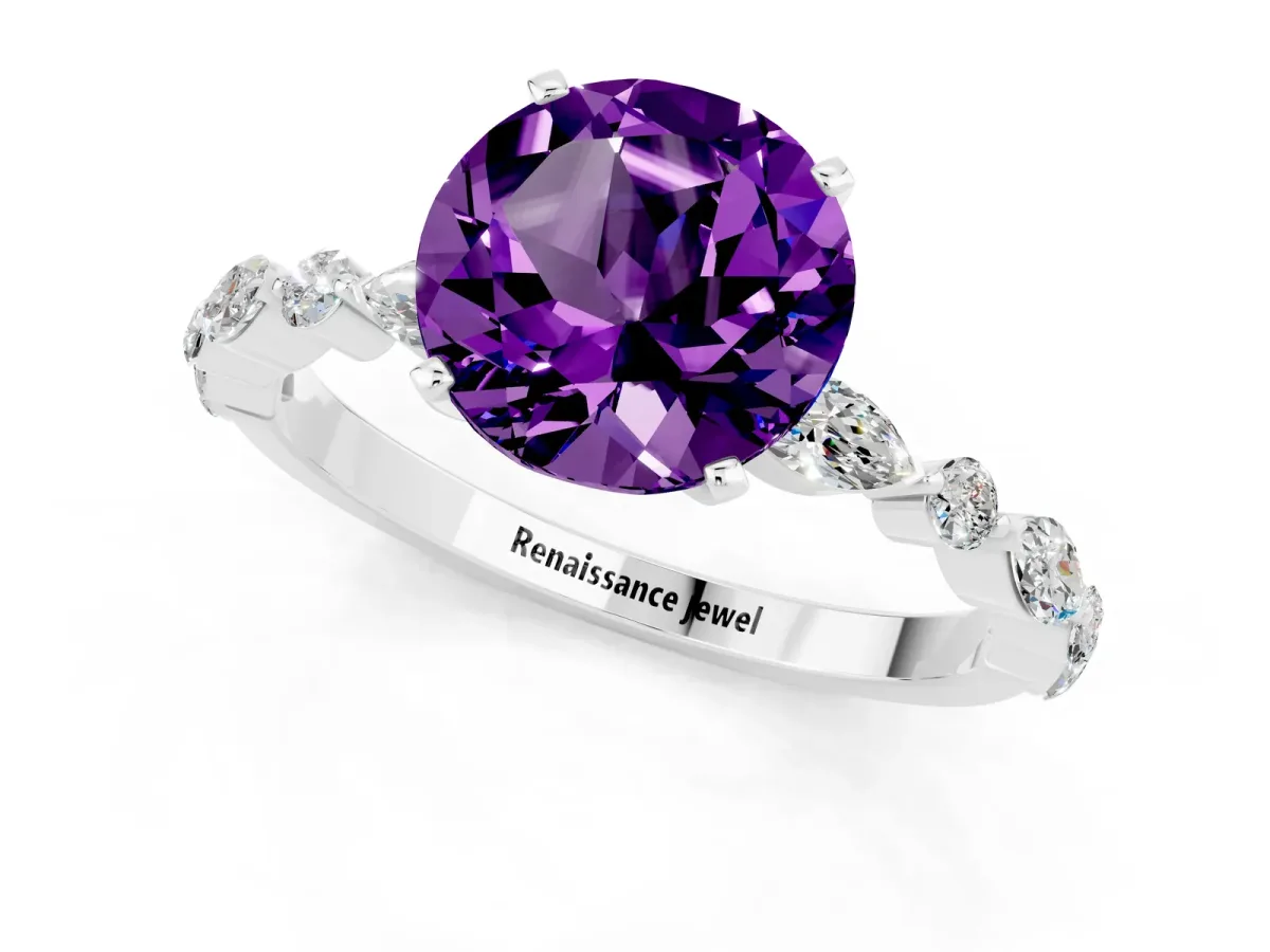 Round Cut Amethyst Ring with Marquise and Round Side Stones and Four-Prong Setting Silver