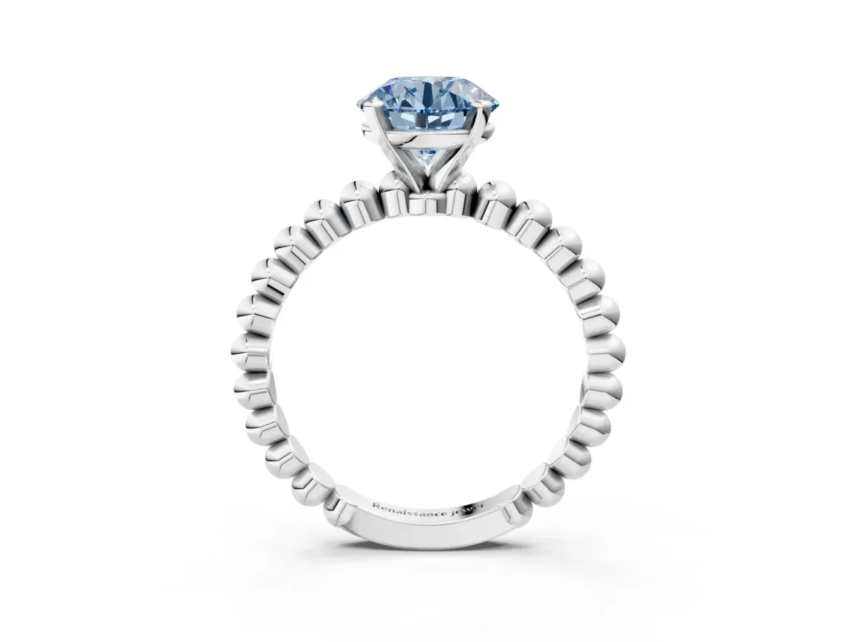 Fancy Blue Round Cut Diamond Solitaire Ring with Beaded Band and Prong Setting Platinum