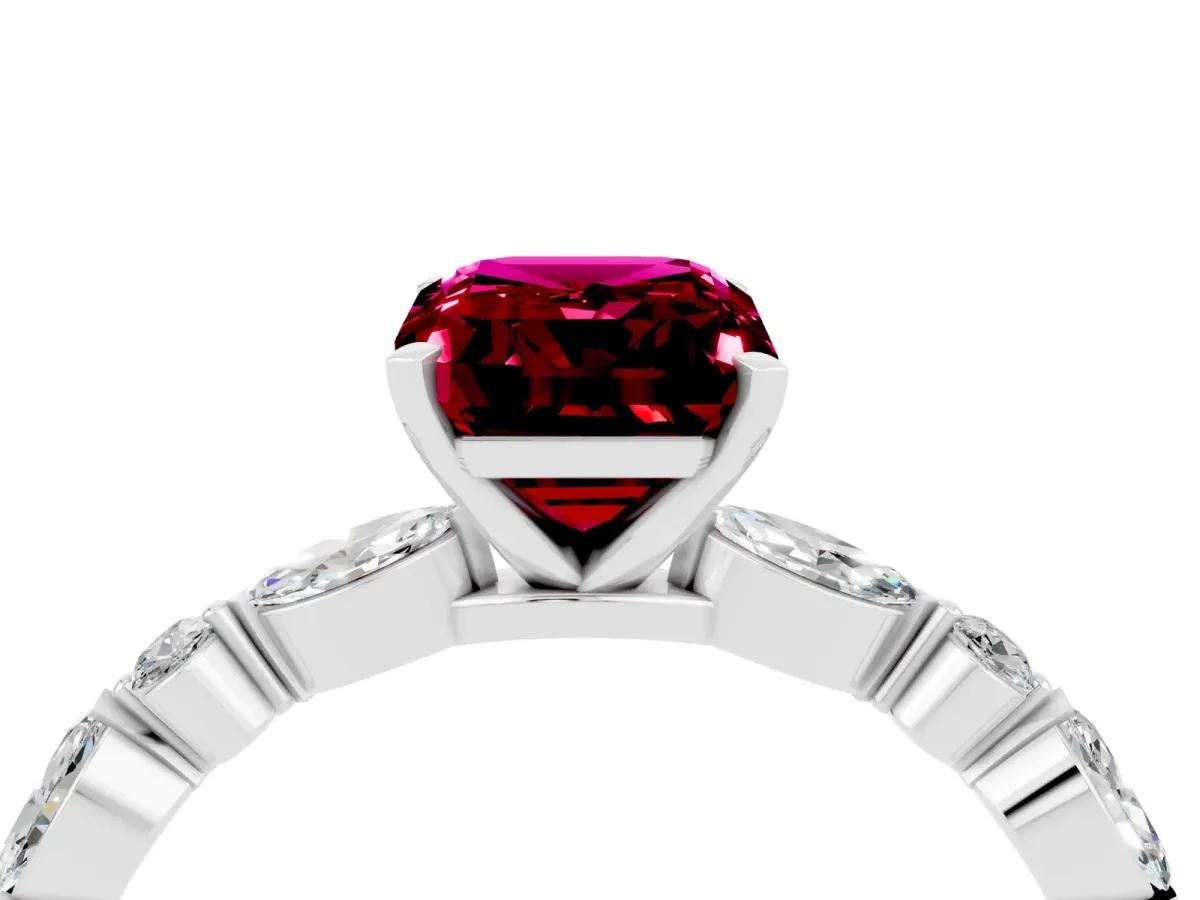 Emerald Cut Garnet Ring with Marquise and Round Side Stones and Four-Prong Setting Silver