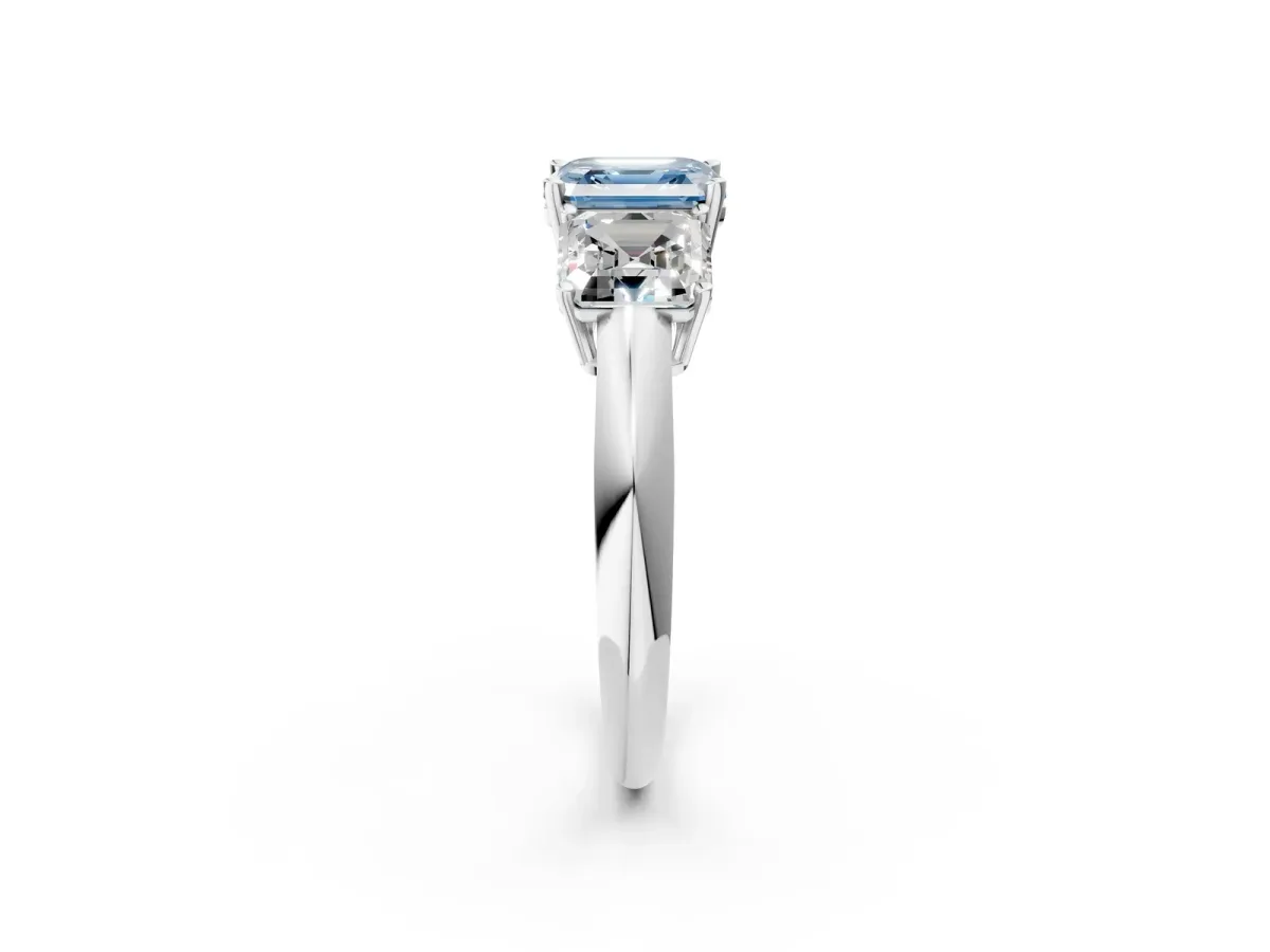 Fancy Blue Three-Stone Asscher Cut Cut Diamond Engagement Ring with Prong Setting on a White Gold Band Silver