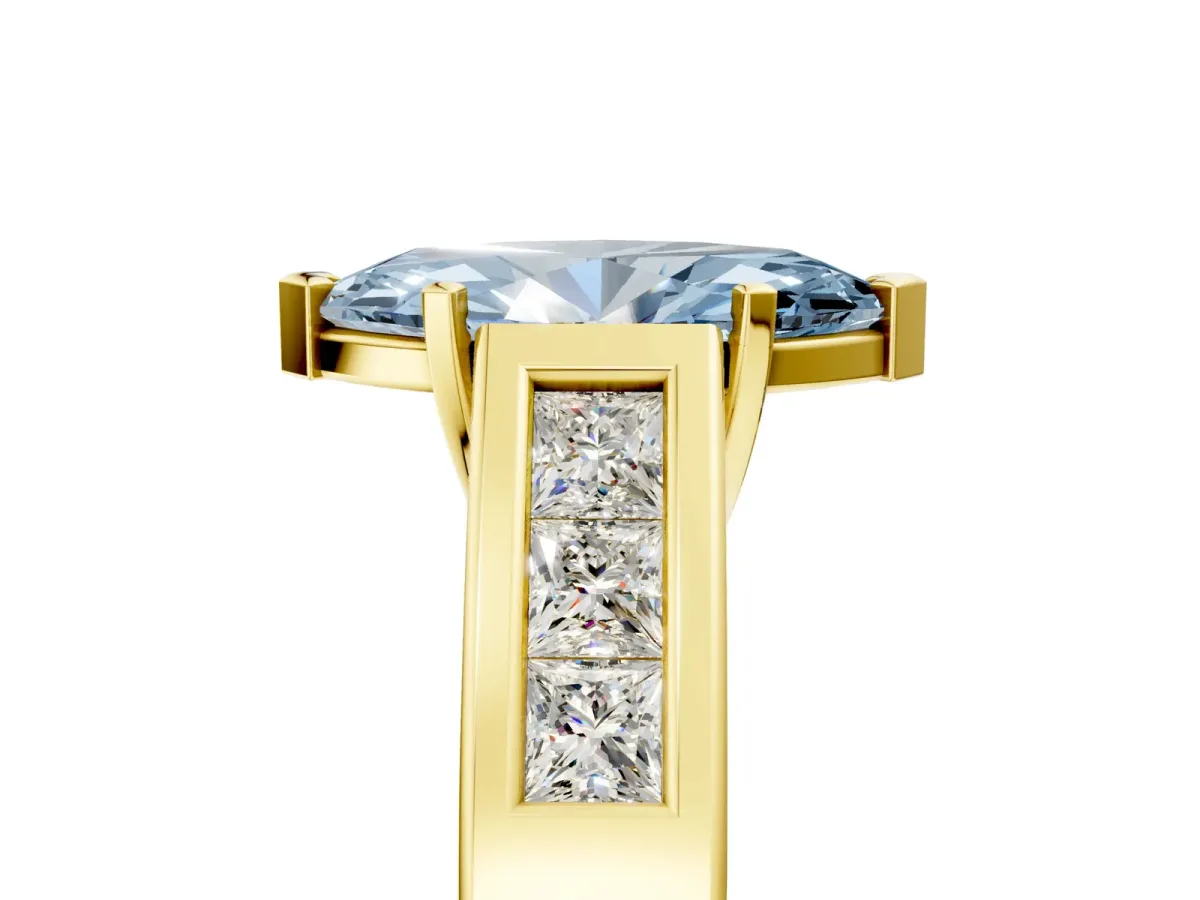 Fancy Blue Marquise Cut Cut Channel Set Solitaire Ring with Four-Prong Setting Yellow gold