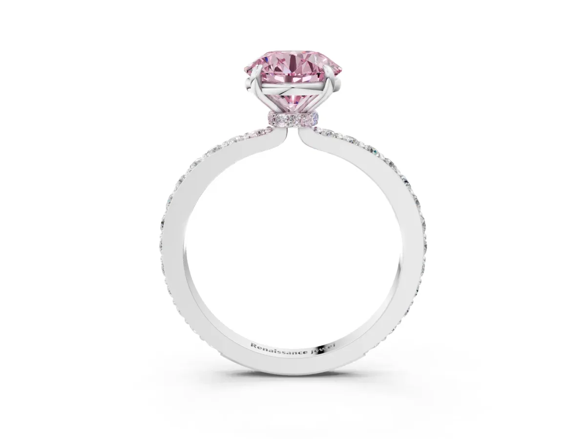 Fancy Pink Round Cut Diamond Solitaire Engagement Ring with Pavé Band and Four-Prong Setting Silver