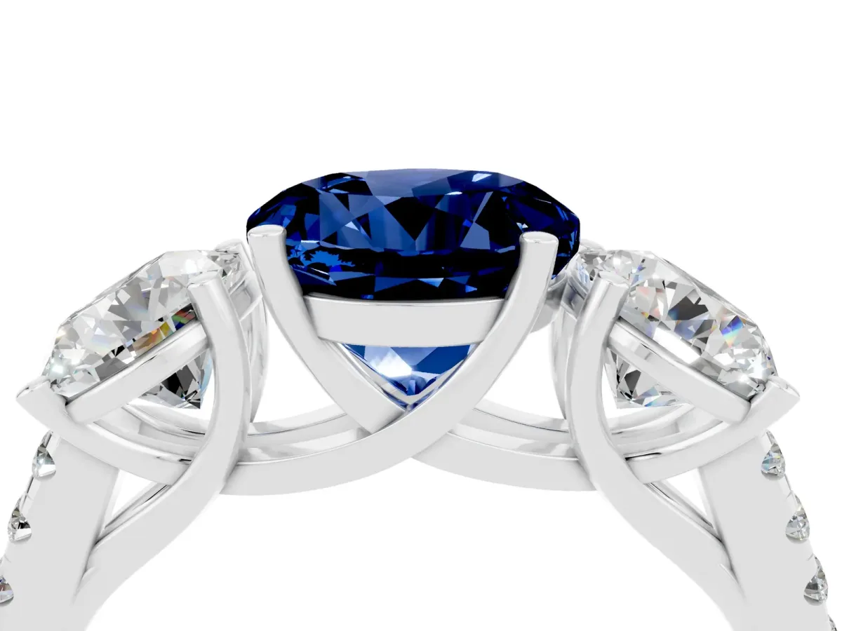 Three-Stone Round Cut Blue Sapphire Ring with Round Pavé Band and Prong Setting Silver