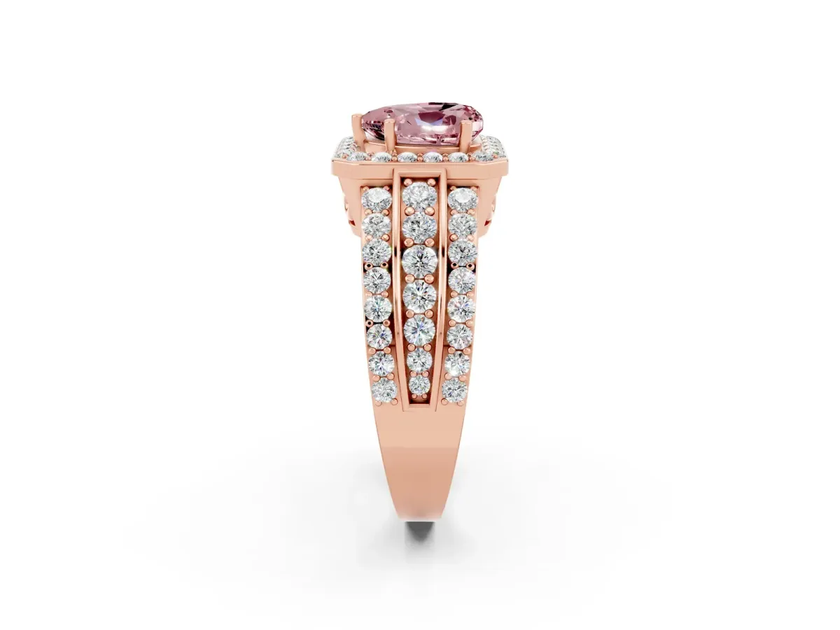 Heart Cut Halo Morganite Ring with Round Split Shank and Prong Setting Rose gold