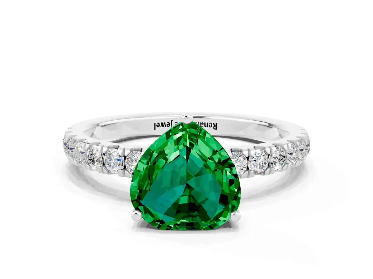 Heart Cut Emerald Pave Band Solitaire Ring with Round and Prong Setting Silver