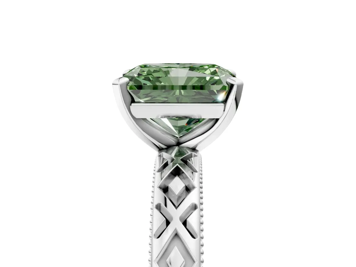 Fancy Green Radiant Cut Solitaire Diamond Ring with Milgrain and Black Enamel X Pattern Band Platinum