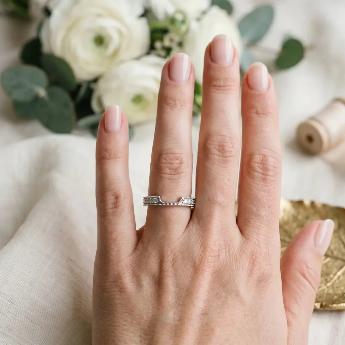 Round Cut Pavé Diamond Contour Band with Milgrain Detailing Silver